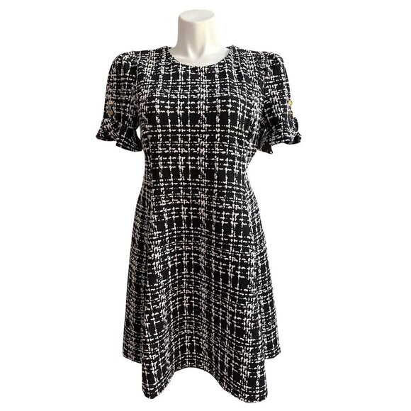 DKNY NWT $139 Flounce-Sleeve Fit & Flare Dress, Black Ivory Women's Size 16 - Picture 4 of 12